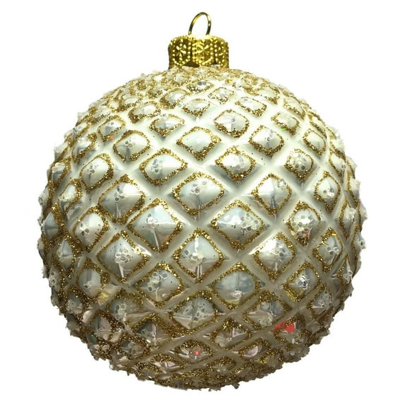 Gold and White Textured Ball Polish Glass Christmas Tree Ornament Decoration