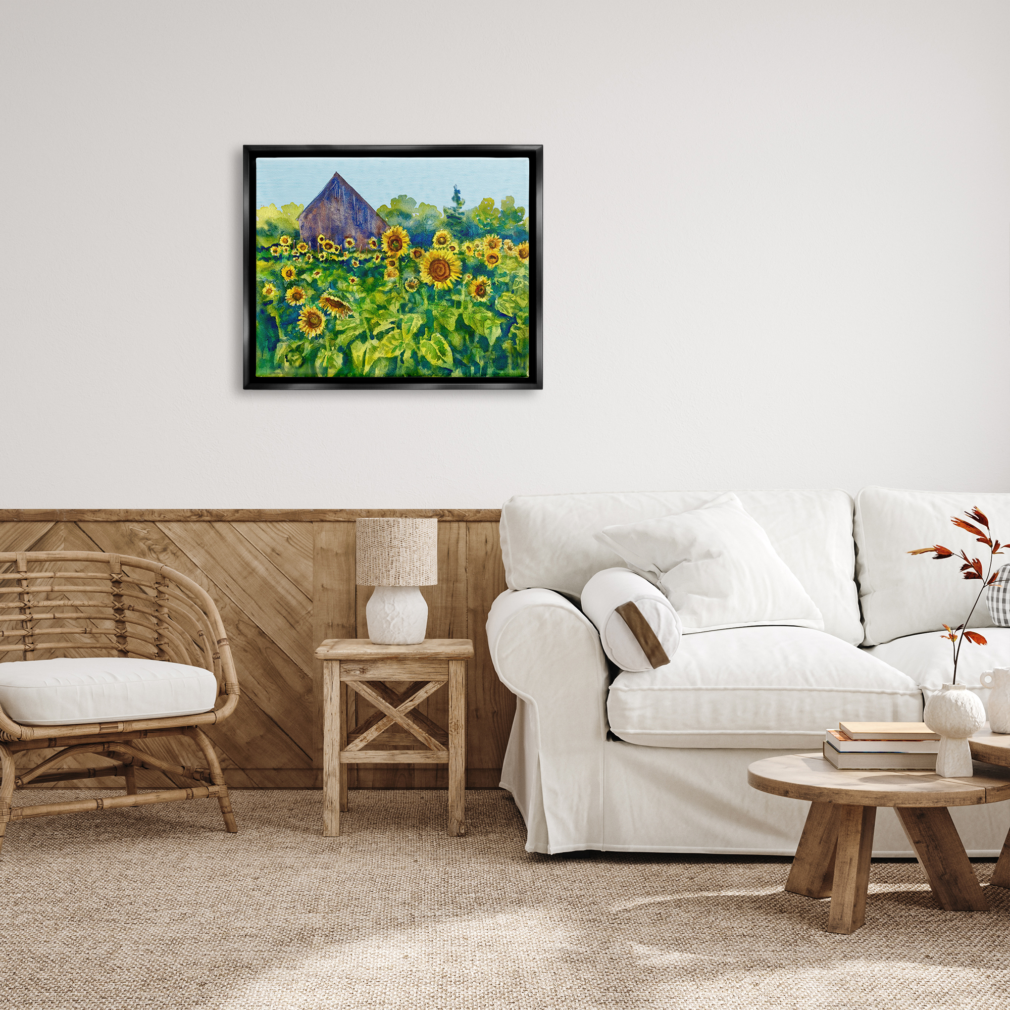 Stupell Industries Sunflower Field Painting Nature Painting Black Floater Framed Art Print Wall Art, 31 x 25