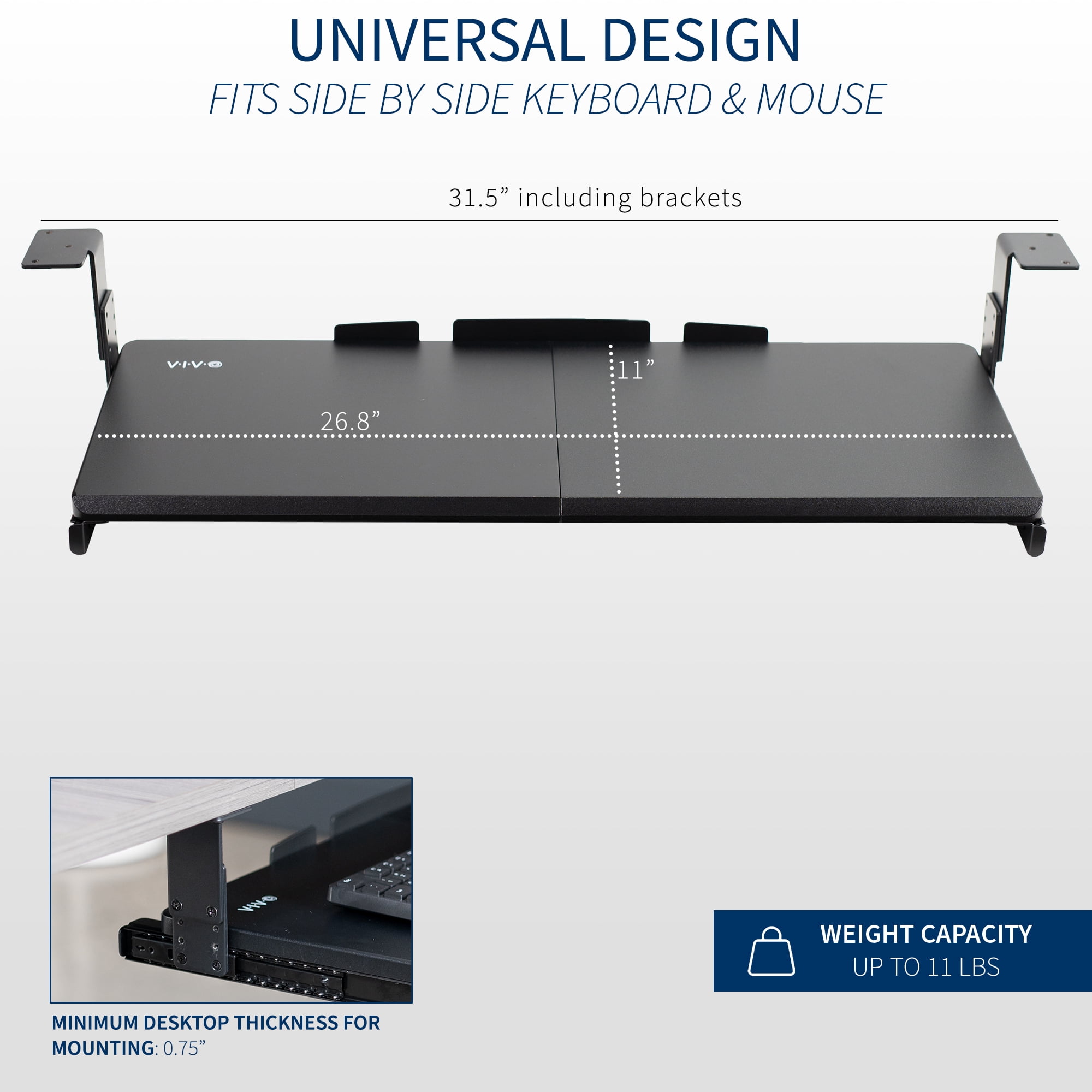 VIVO Black Height Adjustable Under Desk Keyboard and Mouse Slide-Out Drawer