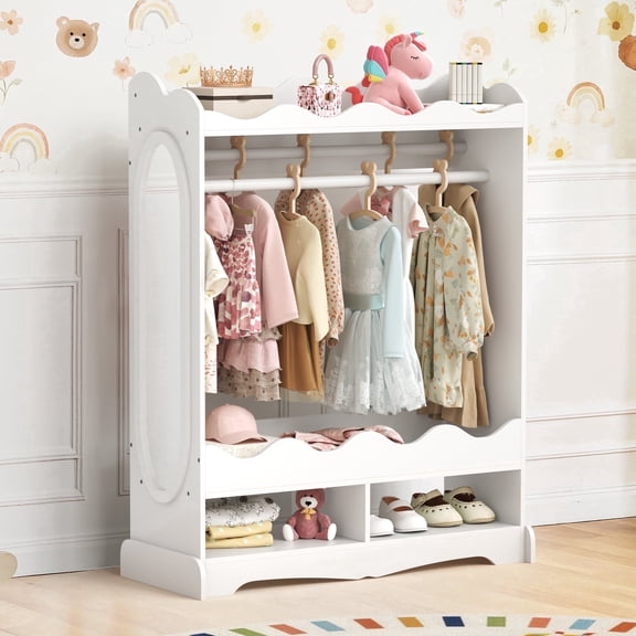 Curipeer Kids Dress Up Storage with Mirror, Wood Armoire Wardrobe Closet for Bedroom,White