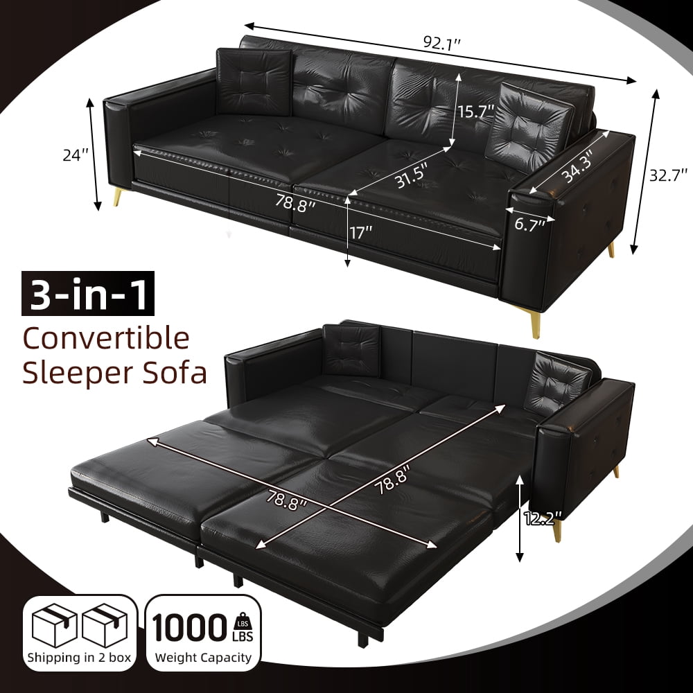 92.1" King Size Faux Leather Sleeper Sofa Bed - 3-in-1 Convertible Pull Out Couch, 4-Seater with Ultra Wide Armrests & Tufted Design, 2 Pillows Included for Living Room, Apartment, Office,Black