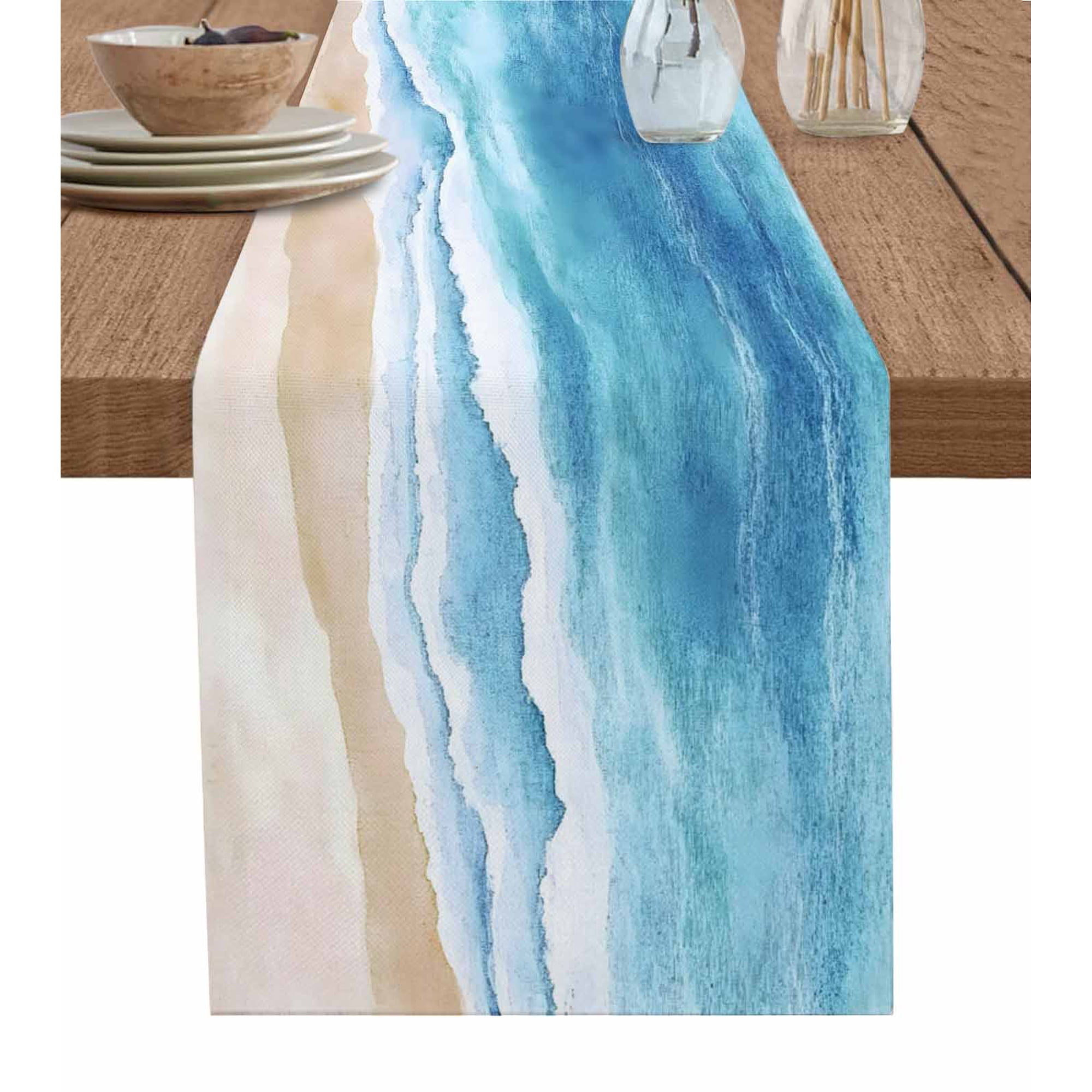 Hokiten Table Runners 90 Inches Long Dress Scarves Blue Waves Farmhouse Coffee/Dining/Kitchen Table Runner for Living Room Gradient Beach Abstract Oil Painting Art 13x90 Inch