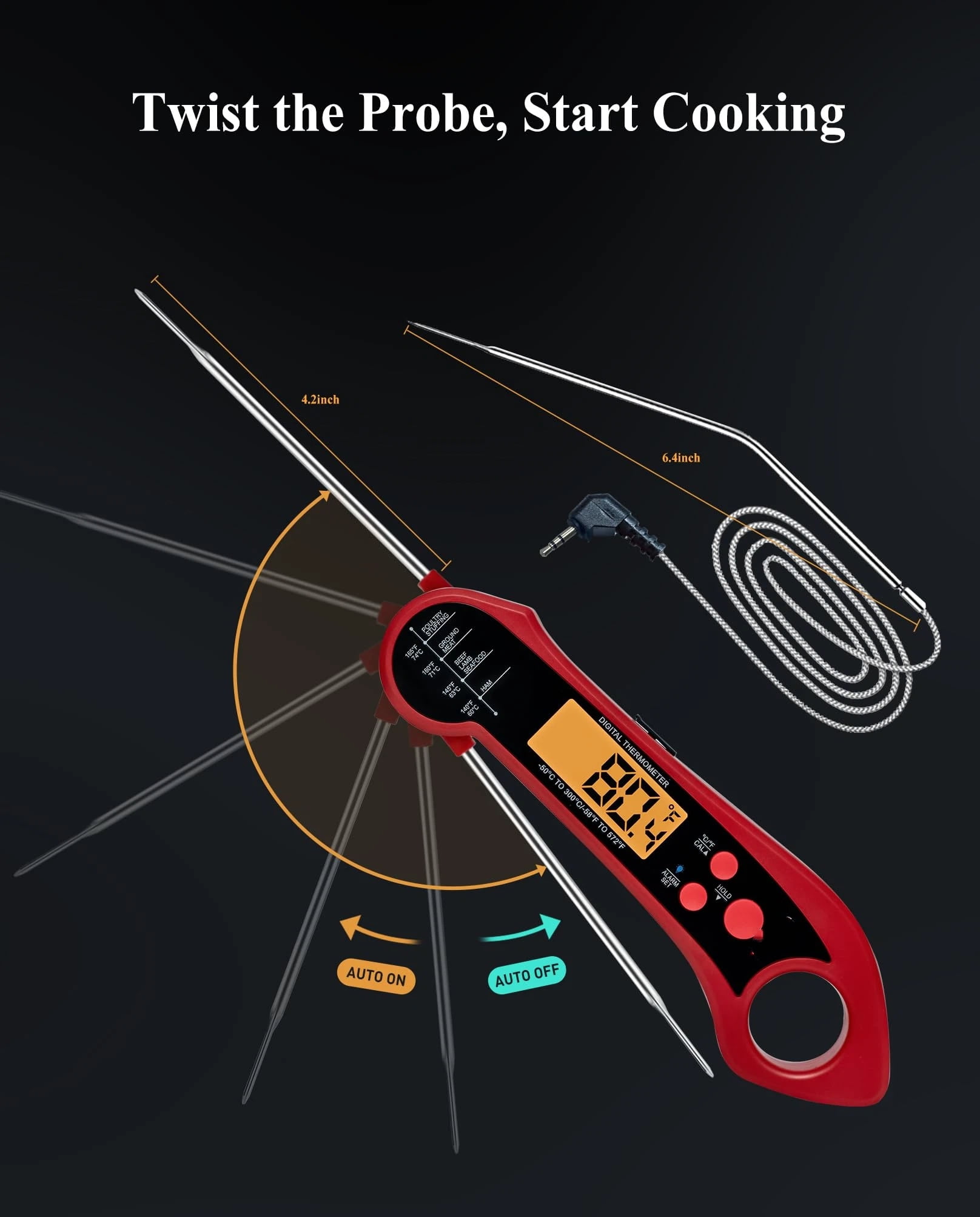 2-in-1 Meat Thermometer, Digital Instant Read Food Kitchen Thermometer with Dual Probes | Waterproof | Alarm Set | Calibration | Backlit | Hold Function for Cooking (Red)（17.5*5*1.8cm ）