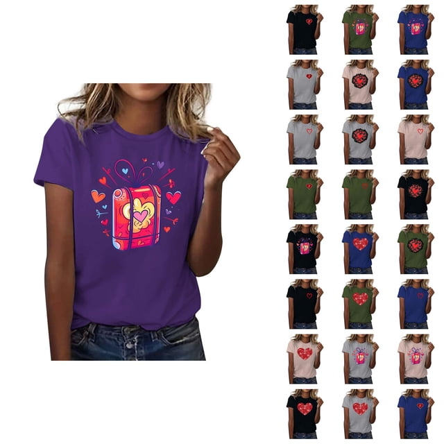 T-shirts de la Saint-Valentin pour Femmes 2026 à la Mode Manches Courtes Col Rond avec Cœur Graphique