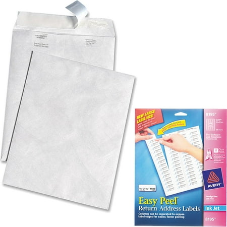 Quality Park White Leather Tyvek Plain Envelopes and Avery Easy Peel White Return Addess Labels for Inkjet Printers 8195, 2/3