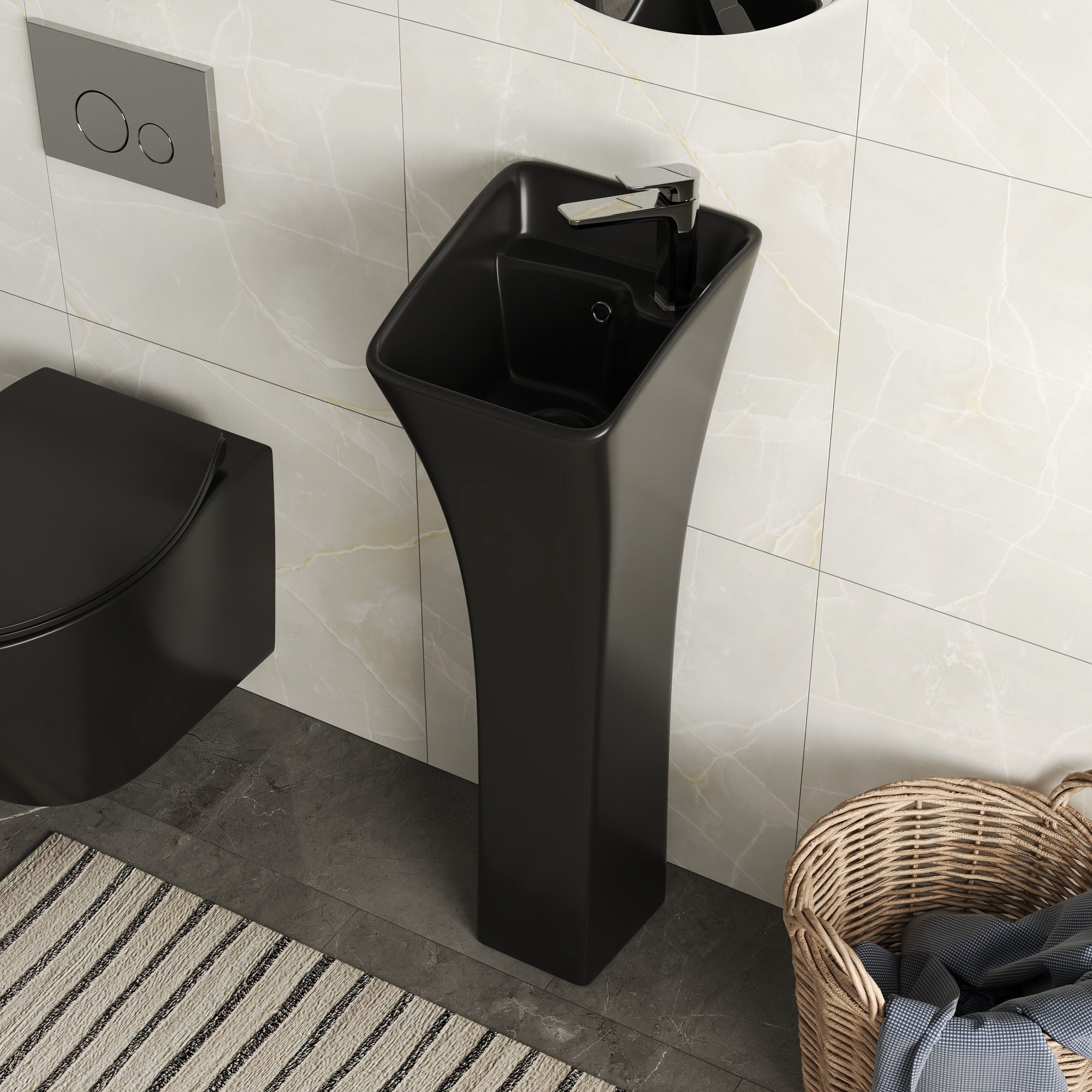 35 in. Tall Ceramic Rectangular Pedestal Bathroom Sink in Black with Single Faucet Hole and Overflow  DV-1P529B