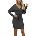 thumbnail image 4 of Offres de Liquidation d'Automne! Robes de Bal pour Femmes 2024, Robe Décontractée Aguichant Mode Col en V Tricotée Sac Hanche Couleur Unie Manches Longues Noir G, 4 of 7