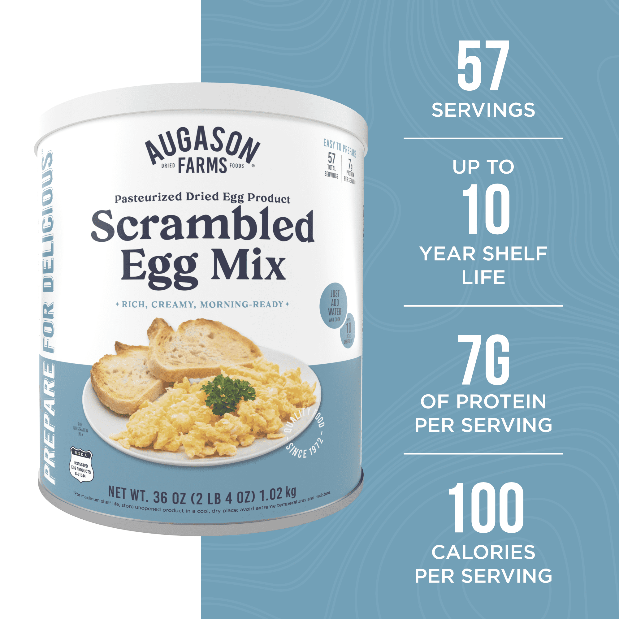 Pasteurized Dried Scrambled Egg Mix Emergency Food Supply, 57 Servings, 10 Year Shelf Life, 7g Protein per Serving - Dry Whole Egg Powder Blend, Ingredient for Baking and Cooking