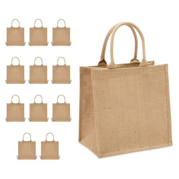 12 Pack of Natural Burlap Tote Bags with Handles 12 x 12 x 7.7 Inches ...