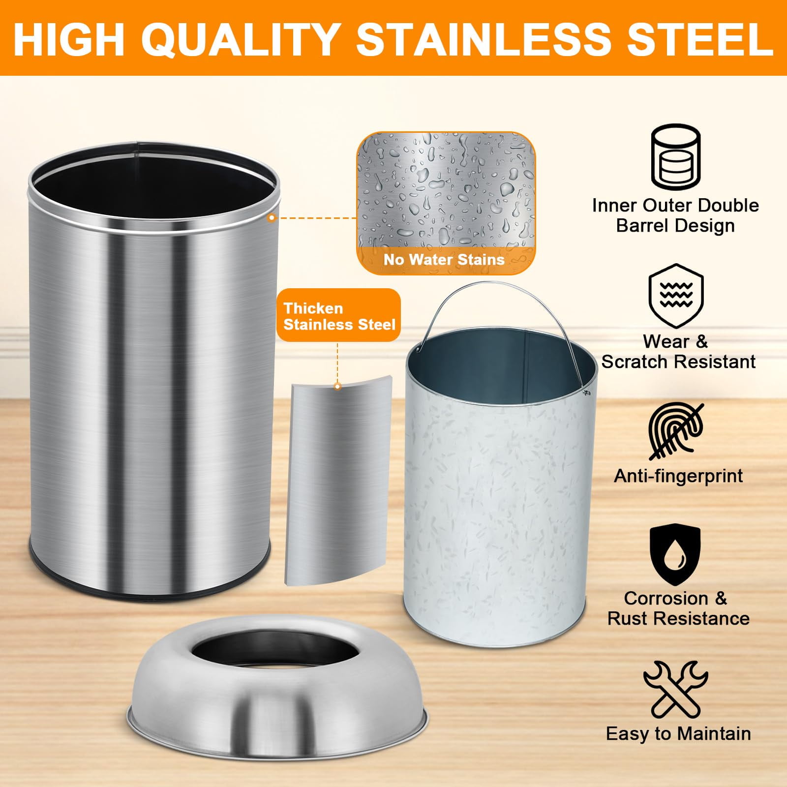 Ataucjin Open Top Trash Can, 13 Gallon/50 L Outdoor Indoor Round Garbage Can with Removable Inner Wastebasket, Commercial Grade Stainless Steel Rubbish Bin for Home, Office, Restaurant