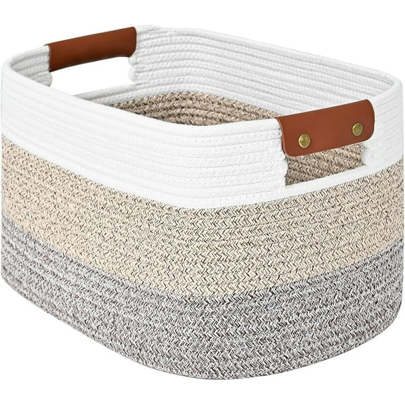 Woven Cotton Rope Storage Basket,Decorative Woven Basket,Woven Shelf Storage Bin with Detachable Leather Handles for Closet Storage,Woven Baskets For Toy,Blanket, Book Storage(Gradient Brown 1PACK)