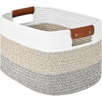 Woven Cotton Rope Storage Basket,Decorative Woven Basket,Woven Shelf Storage Bin with Detachable Leather Handles for Closet Storage,Woven Baskets For Toy,Blanket, Book Storage(Gradient Brown 1PACK)
