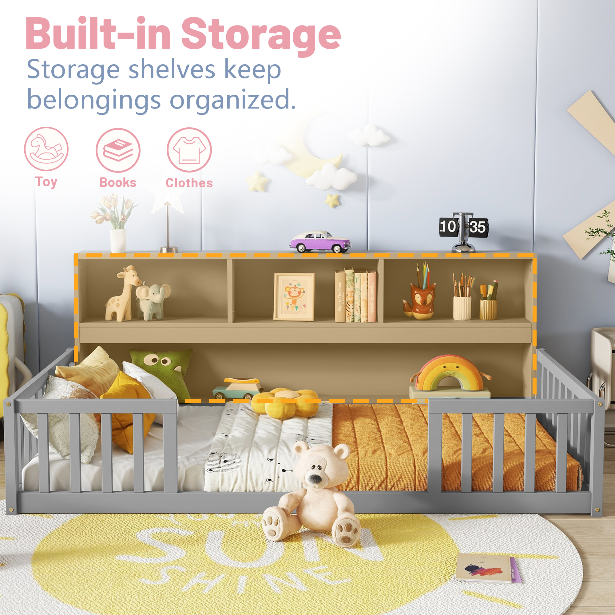 Full Floor Bed with Bookcase and Shelves, Wood Montessori Floor Bed Frame with Guardrails for Boys, Girls, Grey