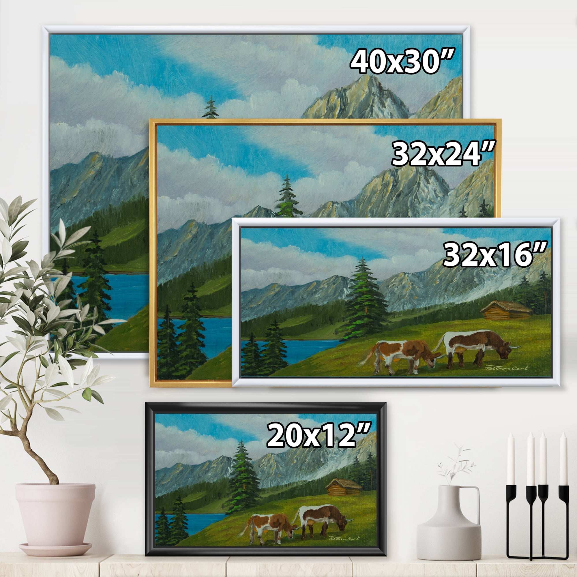 Designart 'Cows On A Green Meadow With Mountain Landscape With ' Farmhouse Framed Canvas Wall Art Print