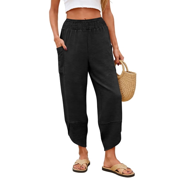 Linen Pants for Women Boho Capri Pants Smocked Waist Cropped Baggy Wide Leg Palazzo Pants with Pockets, L