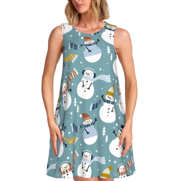 Balery Snowflake Scarf Snowman Vestidos de verano para mujer con estampado: vestido holgado sin mangas, vestido playero informal y cómodo para días calurosos.