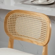 Guyou Rattan Counter Height Bar Stools Set of 2, Mid-Century Modern Wooden Farmhouse Bar Stools, Linen Upholstered Kitchen Island Barstools for Breakfast Bar Bistro, Beige
