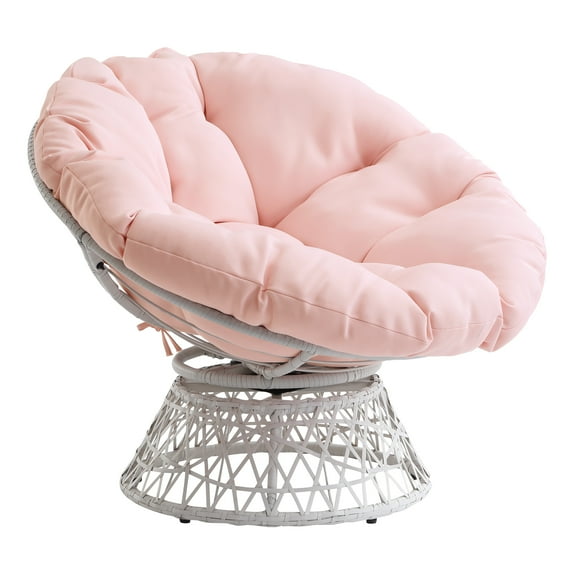 Papasan Chair with Pink Round Pillow Fabric Cushion and Cream Wicker Weave