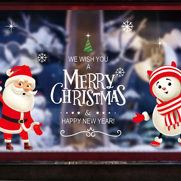 Pegatinas estáticas de dibujos animados para ventana, decoración navideña, Papá Noel, alce, regalo, corona de copo de nieve, pegatina de pared reutilizable, Feliz Navidad