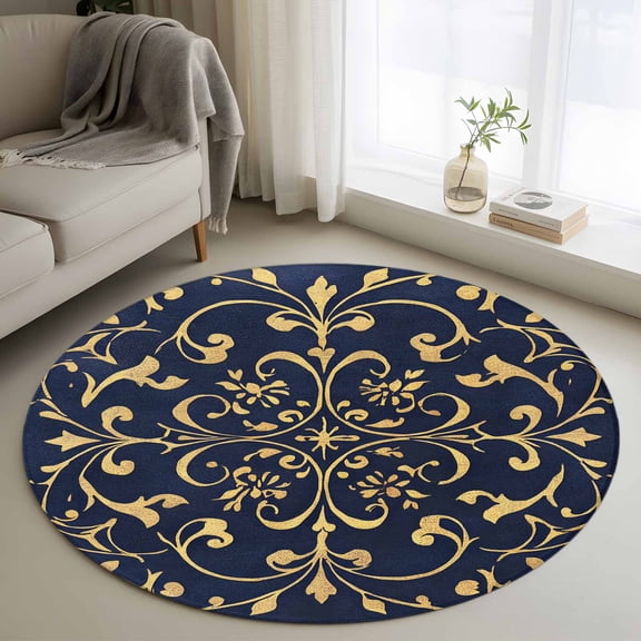 Round Rugs 4 Ft, Abstract Floral Art Non Slip Area Rugs for Kitchen Bedroom Entryway, Vintage Golden Retro Washable Carpet Runner Rug Floor Mats for Bedroom Home Decor