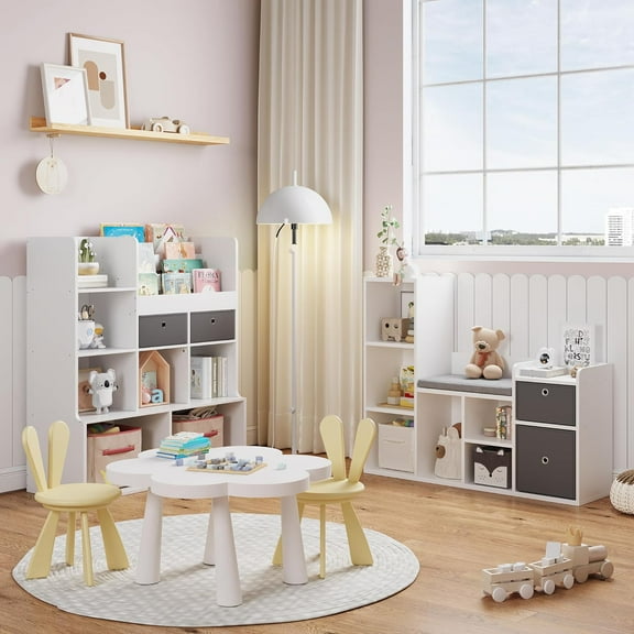 Kids Bookshelf 44.1in Width Toy Storage Organizer with Reading Nook White Bookcase Seat Cushion Wooden 6-Cubby Storage Bench 2 Drawers Toddler Cabinet Shelf for Kids Room, Playroom, Nursery