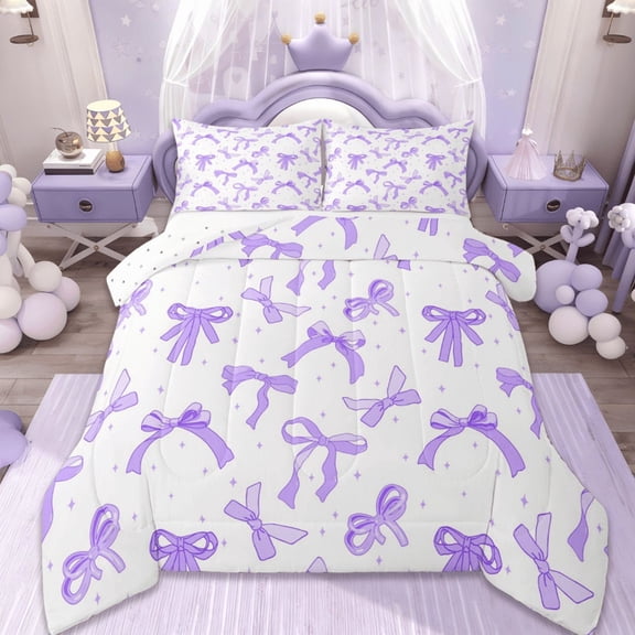 jejeloiu Ribbon Bow Tie Bedding Comforter Set,Grid Bowknot Twin Comforter Sets,Purple White Stars Bedding Set,Lightweight Room Decorative Reversible,2pcs