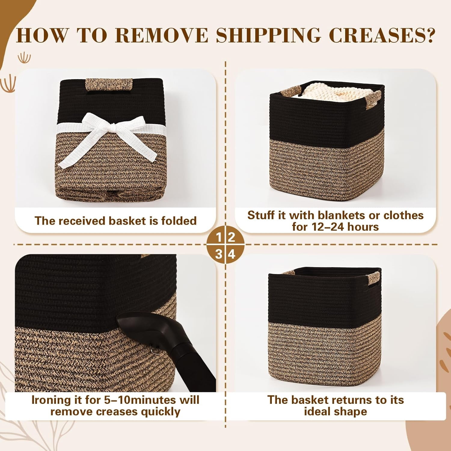 Natubeau 3 Pack Woven Storage Basket for Shelves, Cube Storage Bins, Cotton Rope Woven Baskets for Organizing, 11 Inch, Black