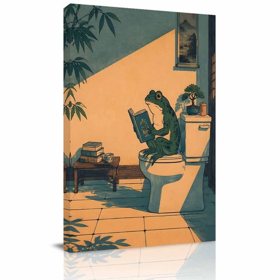Canvas Wall Art, Cute Frogs Framed Canvas Prints for Living Room Office, Boho Cartoon Abstract on The Toilet Large Gallery Wrapped Wall Decor for Home Office, Gifts, 16"x24" Ship Next Day
