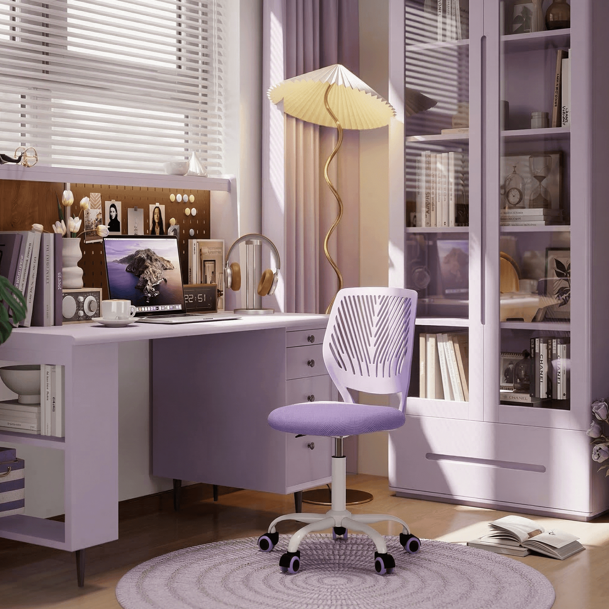 Homy Casa Teen Desk Chair with Mesh Back, Adjustable Swivel Cute Vanity Chair,Purple