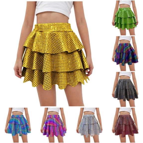 Pandaie Girls' Sparkle Metallic Skirts Layers Ruffle Sequin Tutu Dance Skort High Waist Athletic Activewear for Kids Performance Black 13-14T