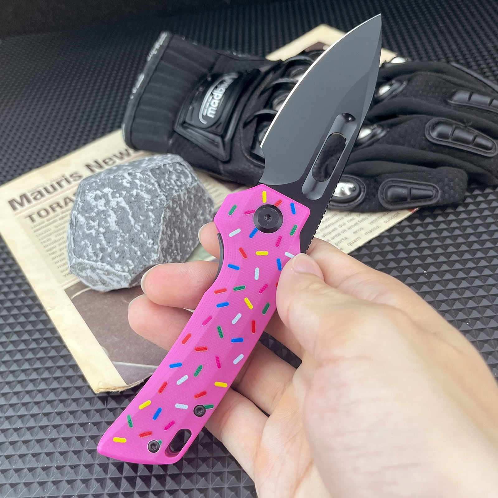 Pink Pocket Knife for EDC, Folding Utility Knife with 3.15 inch D2 Blade, G10 Handle, Fashion Gifts for Women