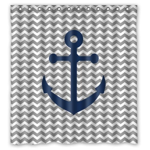 HelloDecor Grey Chevron With Blue Anchor Shower Curtain Polyester
