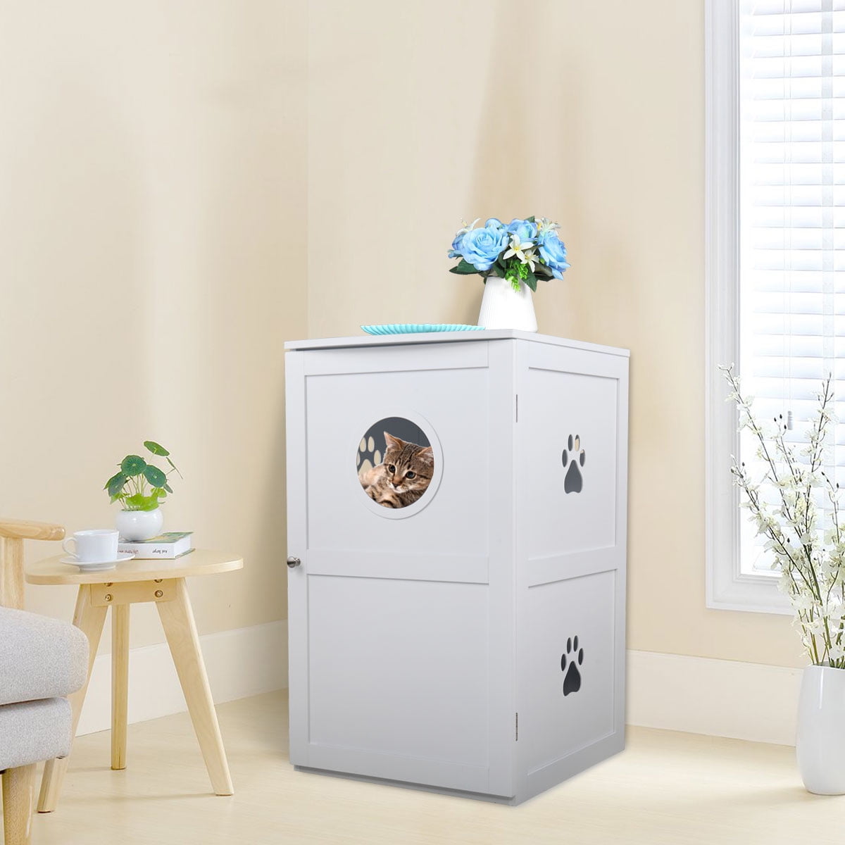 Lowestbest Wooden Double-Decker Cat Houses, Outside Shelter Animal Cage, White Lowestbest Wooden Double-Decker Cat Houses, Outside Shelter Animal Cage, White