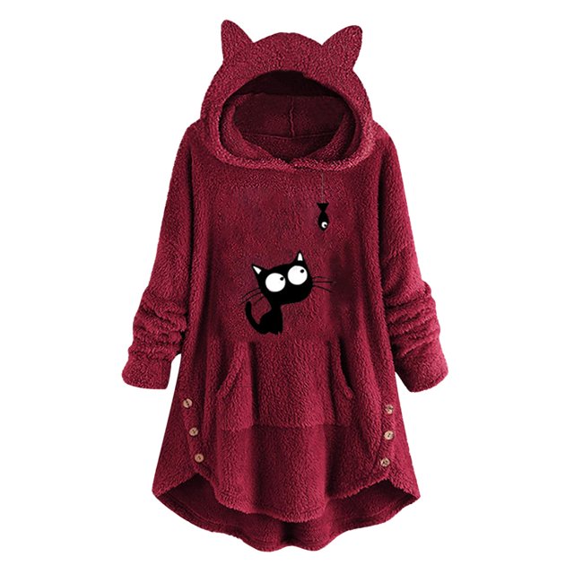 Top de abrigo de felpa con capucha y manga larga con botones de felpa y orejas de gato con estampado informal para mujer Pompotops gfhjh14295