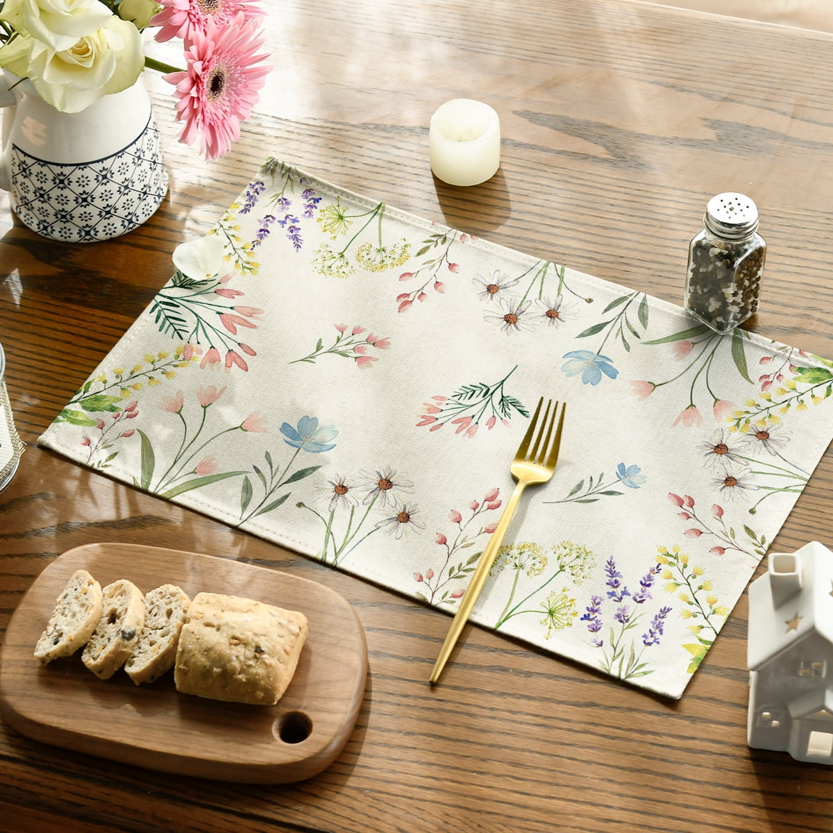 Sm:)e 4 Set Total 16PCS Seasonal Decorative Placemats, All Season Polyester Durable Vintage Rustic Table Mats for Kitchen Home Farmhouse Cabin Decor Holiday Celebration