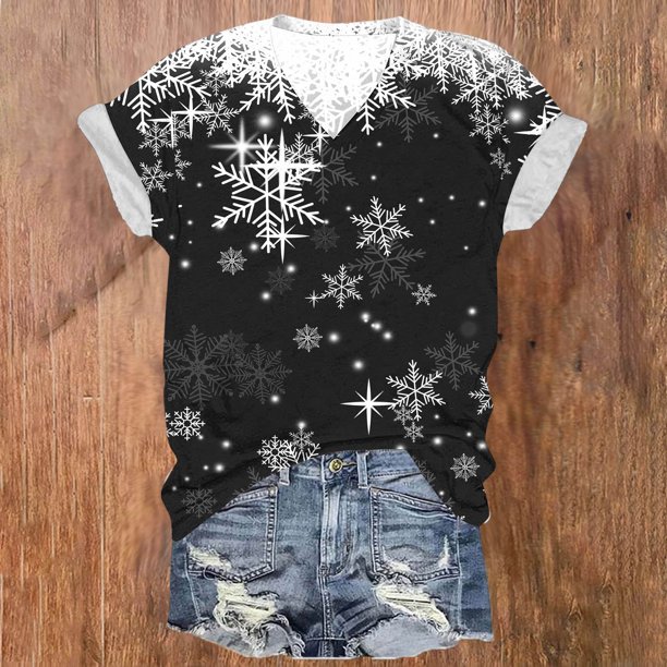 Fiudx Ofertas de La Semana Top de Manga Corta con Cuello En V y Estampado Navideño para Mujer