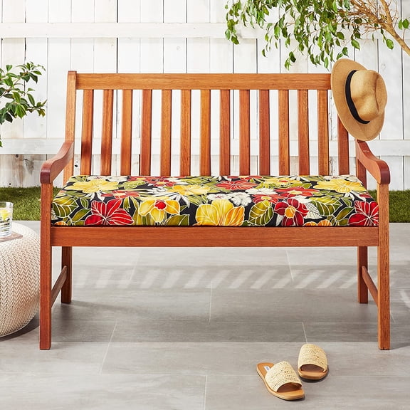 Tropic Floral Indoor/Outdoor Sofa Setee Bench Swing Cushion with Ties, Weather, and Fade Resistant, 18" x 45", Black/Green Clemens, 1 Count