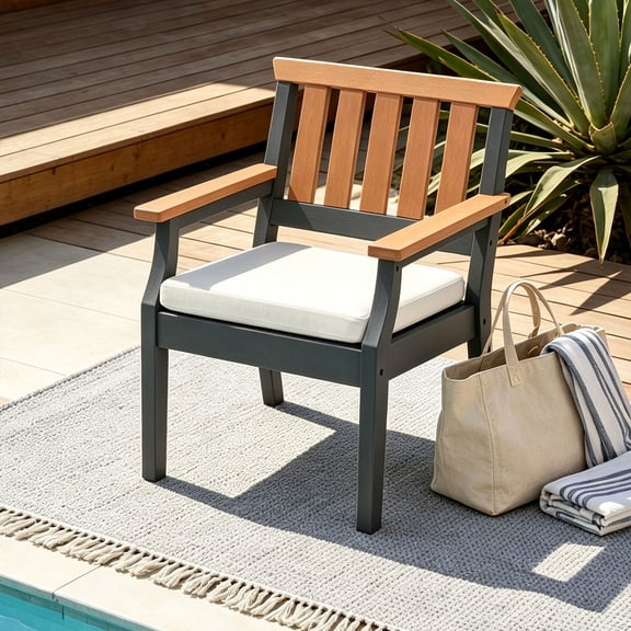 Outdoor Dining Armchair, 25 inches Two-Tone HDPE Patio Chair with Removable White Cushion Weather Resistant Seating for Backyard Porch