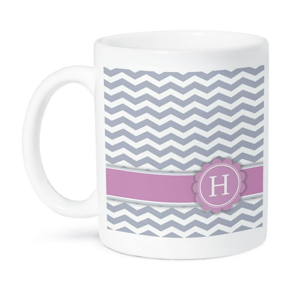 3dRose, Letter H monogrammed on grey and white chevron with pink - gray zigzags - personal initial zig zags, 11oz Mug
