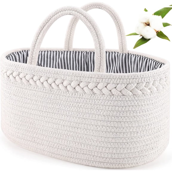 Baby Diaper Caddy, Nursery Storage Bin and Car Organizer for Diapers and Baby Wipes, Cotton Rope Diaper Basket Caddy, Changing Table Diaper Storage Caddy