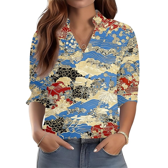 OIOLOYJM Polo Shirts for Women 2026 Floral Print 3/4 Sleeve V Neck Golf Shirts Spring Lapel Collared Hiking Loose Fit T Shirts Fashion Business Pullover Tops Sky Blue L