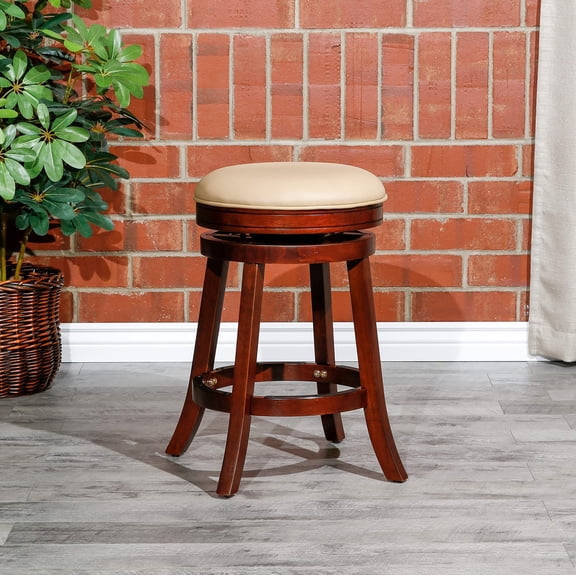 Backless Swivel Counter Height Stool - Cherry Wood Finish, Bone Leather Seat