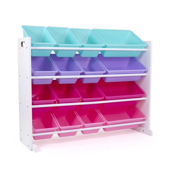 Humble Crew Kids Toy Storage Organizer with 16 Plastic Storage Bins, White/Pink/Purple/Turquoise