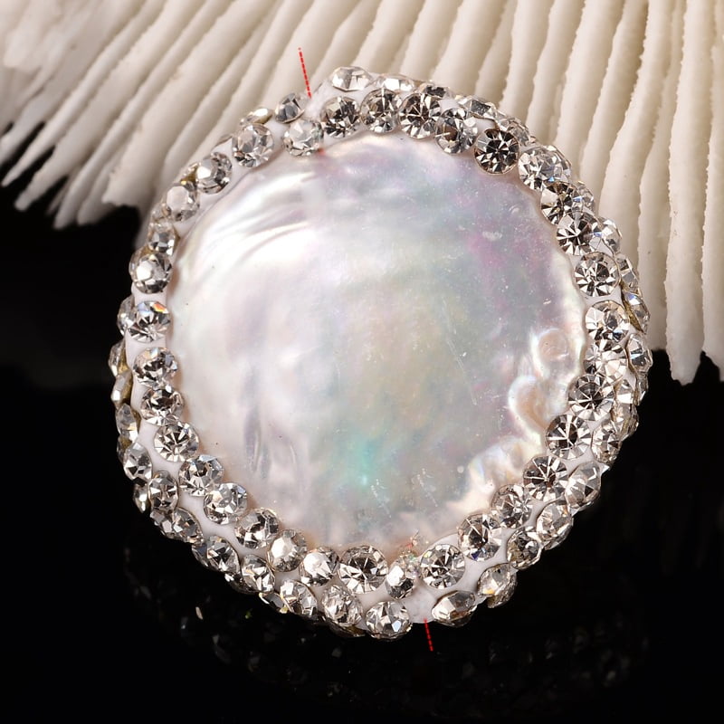 Flat Round Natural Cultured Freshwater Pearl Beads with Polymer Clay Rhinestone Floral White 17~22x5~6mm Hole: 0.5mm