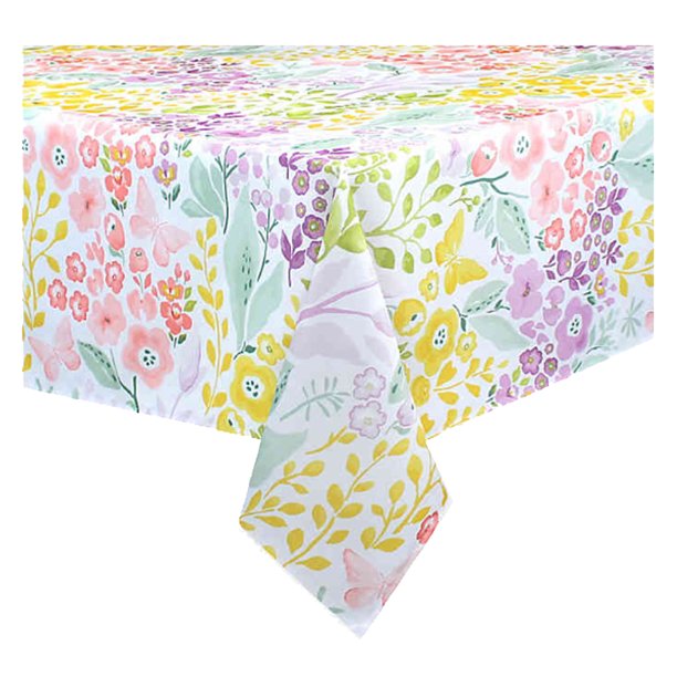 Morning Spring Tablecloth with Flowers and Butterflies White, Pink