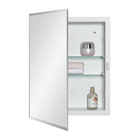 Bathroom Medicine Cabinet with Beveled Edge Mirrored Door 14 x 18 inch, Recessed or Surface Mount, with Adjustable Glass shelves