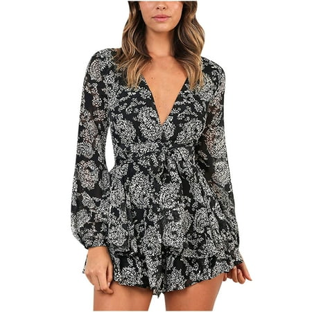 

Women Casual Summer Printed Beach Jumpsuits Deep V-Neck Long Sleeve Front Knot Ruffle Hem Rompers Playsuit