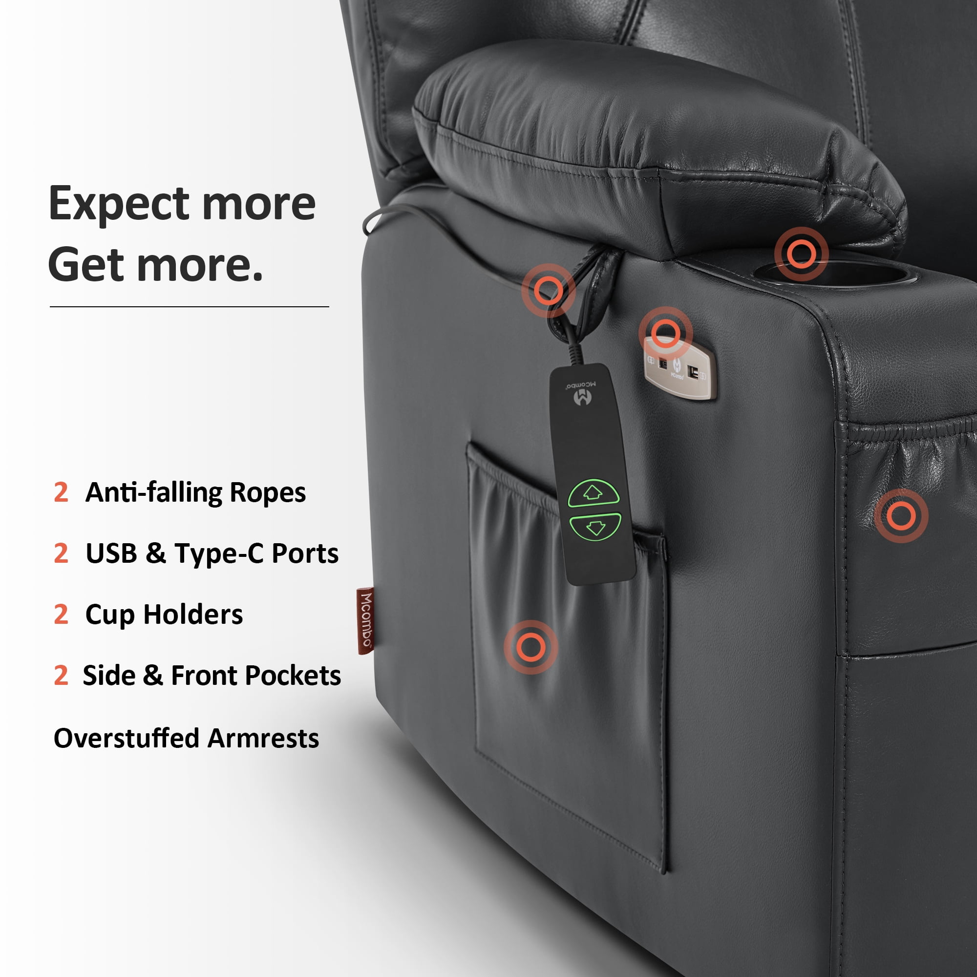 MCombo Medium-Wide Power Lift Recliner Chair Sofa with Massage and Heat for Elderly People, Cup Holders, USB&Type C Ports, Side Pockets, Faux Leather (Black, Medium-Wide)