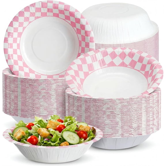 50 Pcs 16oz Pink and White Checkered Paper Bowls Race Car Disposable Round Paper Gingham Bowls Soup Dessert Snack Salad Bowl for Easter Party Wedding Race Car Theme Birthday Party Supply