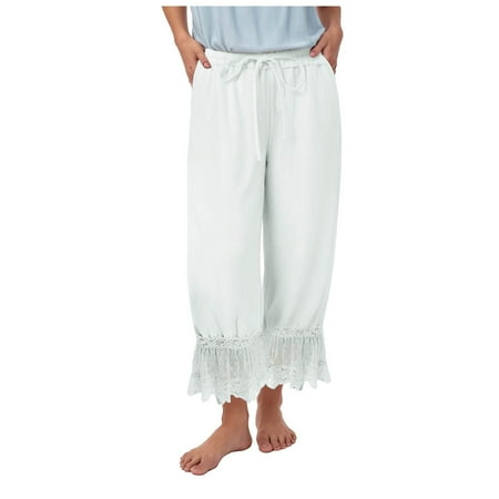 GEWSEY Women Lace Trim Pettipants Ruffle Pumpkin Pants Bloomers Vintage Long Pantaloons Wide Leg Lounge Capris Slip Pants White  M
